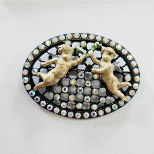 Vintage Pierre Bex Art-Nouveau Silver Enameled Cherub Oval Rhinestone Brooch Pin